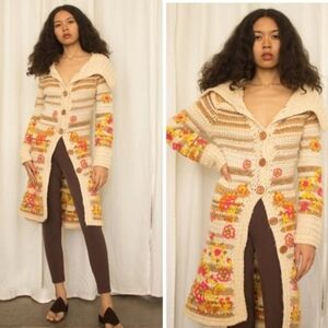 Vintage Anthropologie Y2K Sleeping On Snow Floral Knit Cardigan with Hood Small